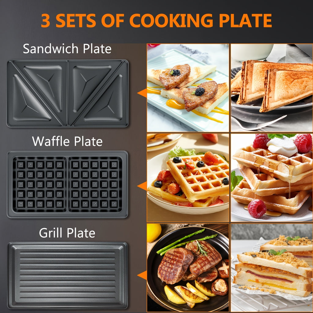 Three-in-One Sandwich and Waffle Maker with Listed 750W Power and Removable Nonstick Plates, Teal and Three-Plate Option Labels for Home Kitchen Meal Preparation
