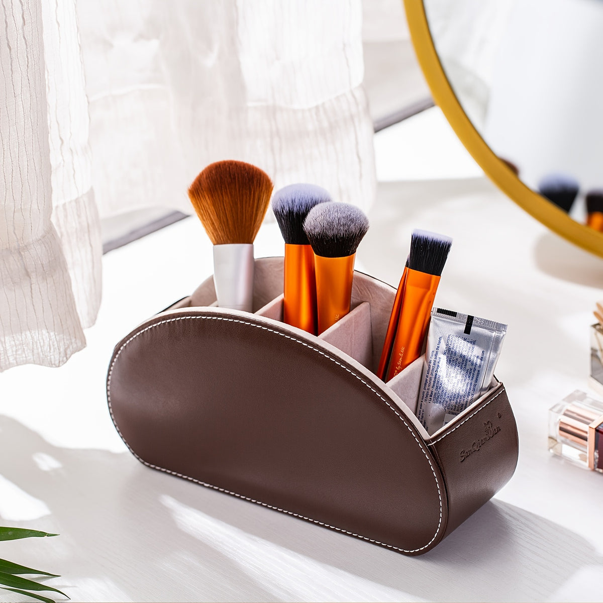 Five-Compartment Remote Control Organizer by SANQIANWAN, PU Leather Desk Caddy with Color and Print Options for TV Remotes, Pencils, Glasses and Office Supplies