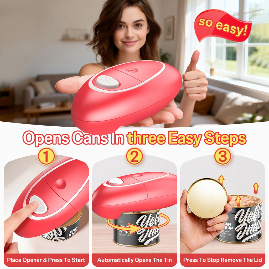One-Touch Electric Can Opener by Hattyroom with Portable Design and Listed Smooth-Edge Cutting, Black, Grey Red 2 or White Red for Kitchen Meal Prep