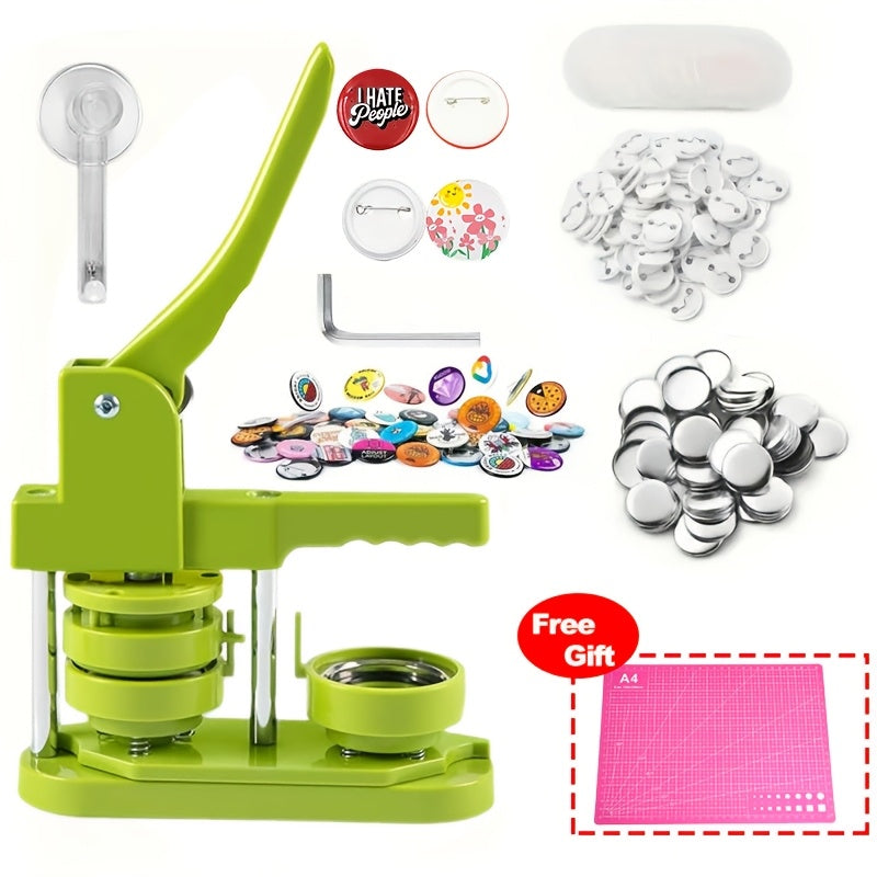 Green Button Maker Press with Listed 58mm Badge Size, Installation-Free Design, 100pcs Button Parts, Pictures, Circle Cutter and Magic Book for DIY Pin Projects