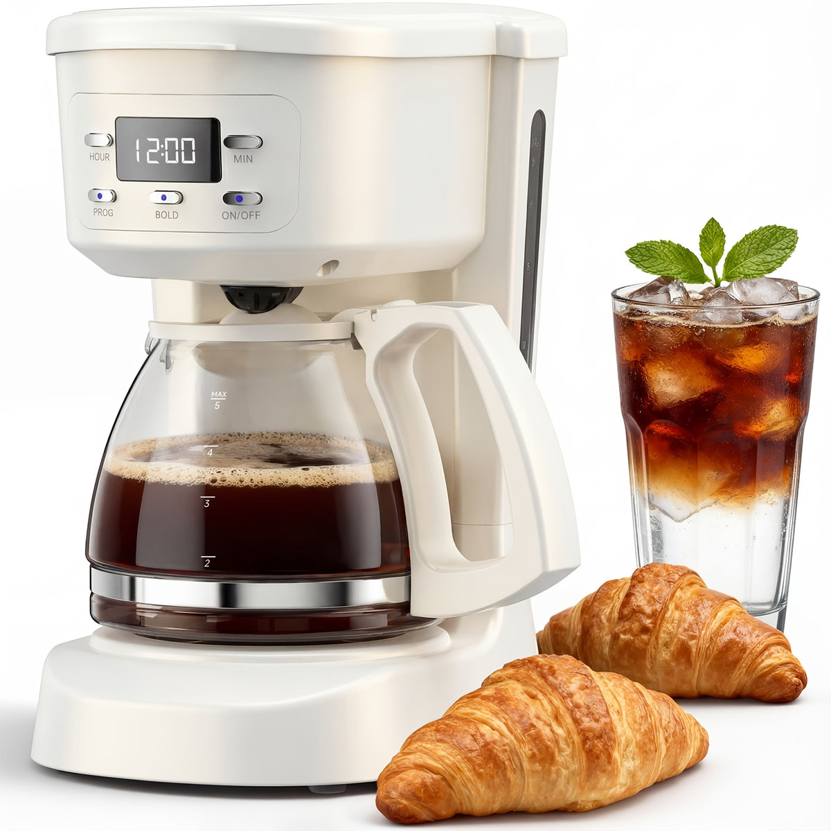 5-Cup Programmable Coffee Maker in White, Digital Drip Brewer with Auto Brew, Brew Pause, Washable Basket Filter and Keep-Hot Plate for Home Kitchens