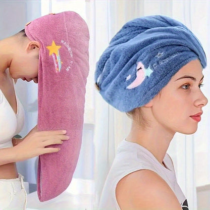 Cartoon Embroidered Hair Towel Cap in Pink, Single-Piece 240GSM Coral Fleece Hair Drying Accessory for Women's After-Shower, Travel and At-Home Spa Routines