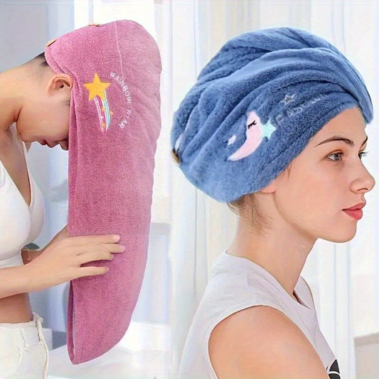 Cartoon Embroidered Hair Towel Cap in Pink, Single-Piece 240GSM Coral Fleece Hair Drying Accessory for Women's After-Shower, Travel and At-Home Spa Routines