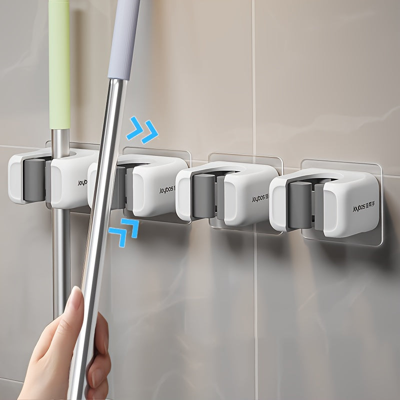 Mop and Broom Holder Clips in White, 4-Piece Self-Adhesive No-Drill Plastic Wall Organizer for Vertical Cleaning Tool Storage in Kitchens and Utility Rooms
