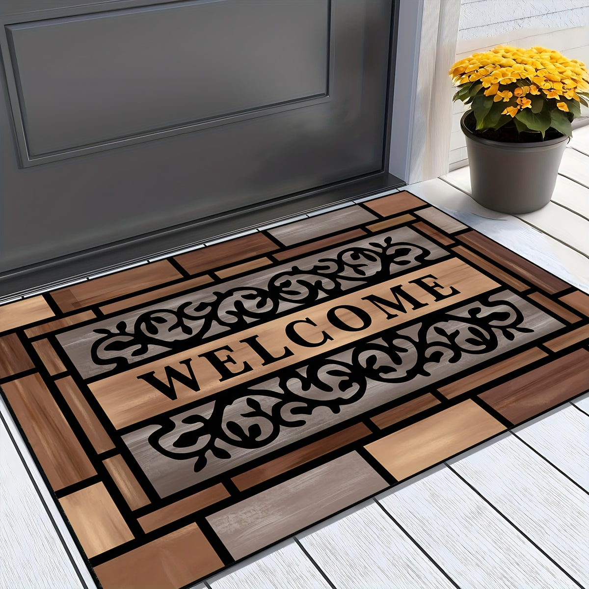 Wood-Pattern Welcome Doormat for Indoor Entryways, Decorative Entrance Floor Mat with Listed Non-Slip Design for Hallways and Home Styling