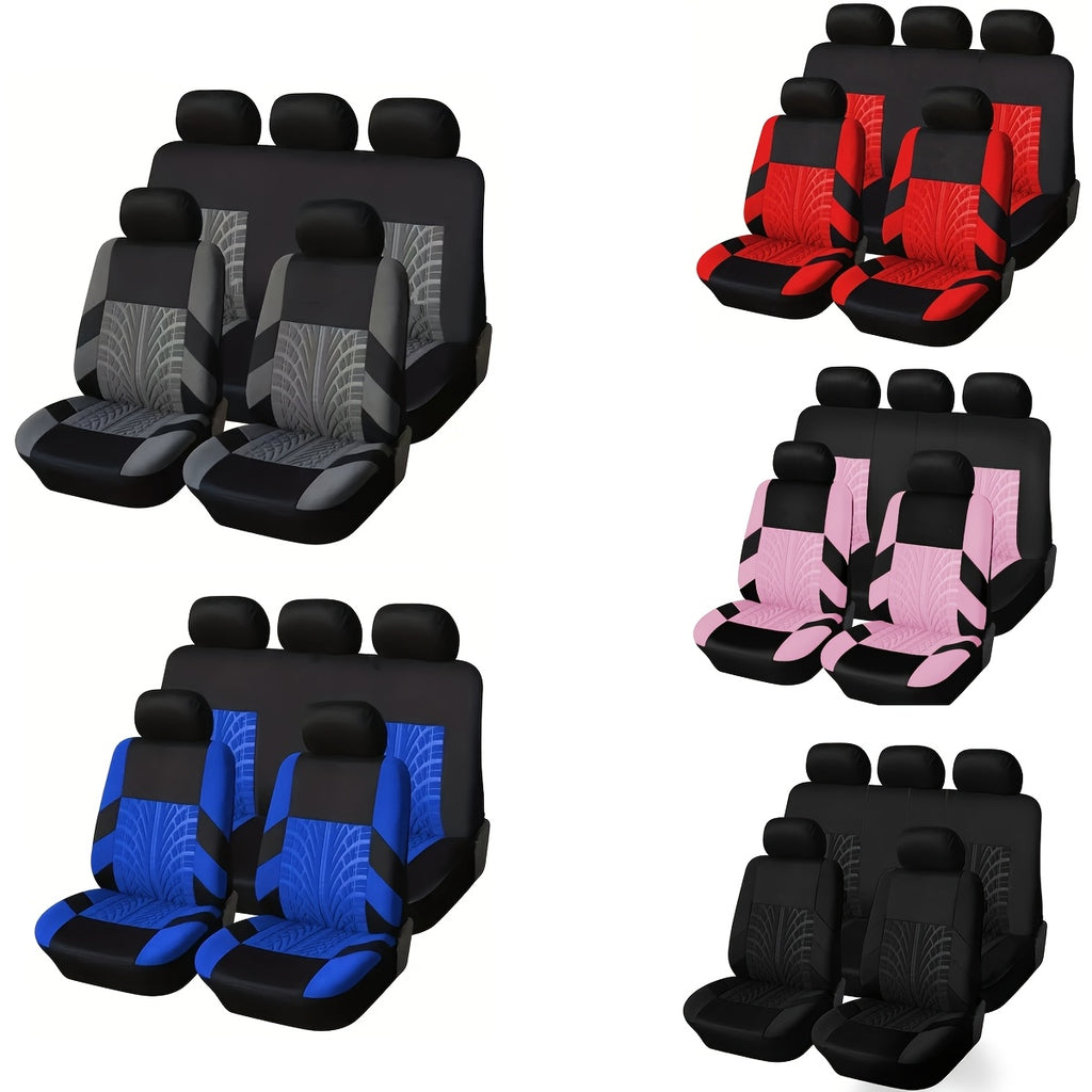 Tire-Track Car Seat Covers for Five Seats, Full-Enclosure Breathable Fabric Style with Two Front and Three Rear Seat Coverage in Multiple Color Options