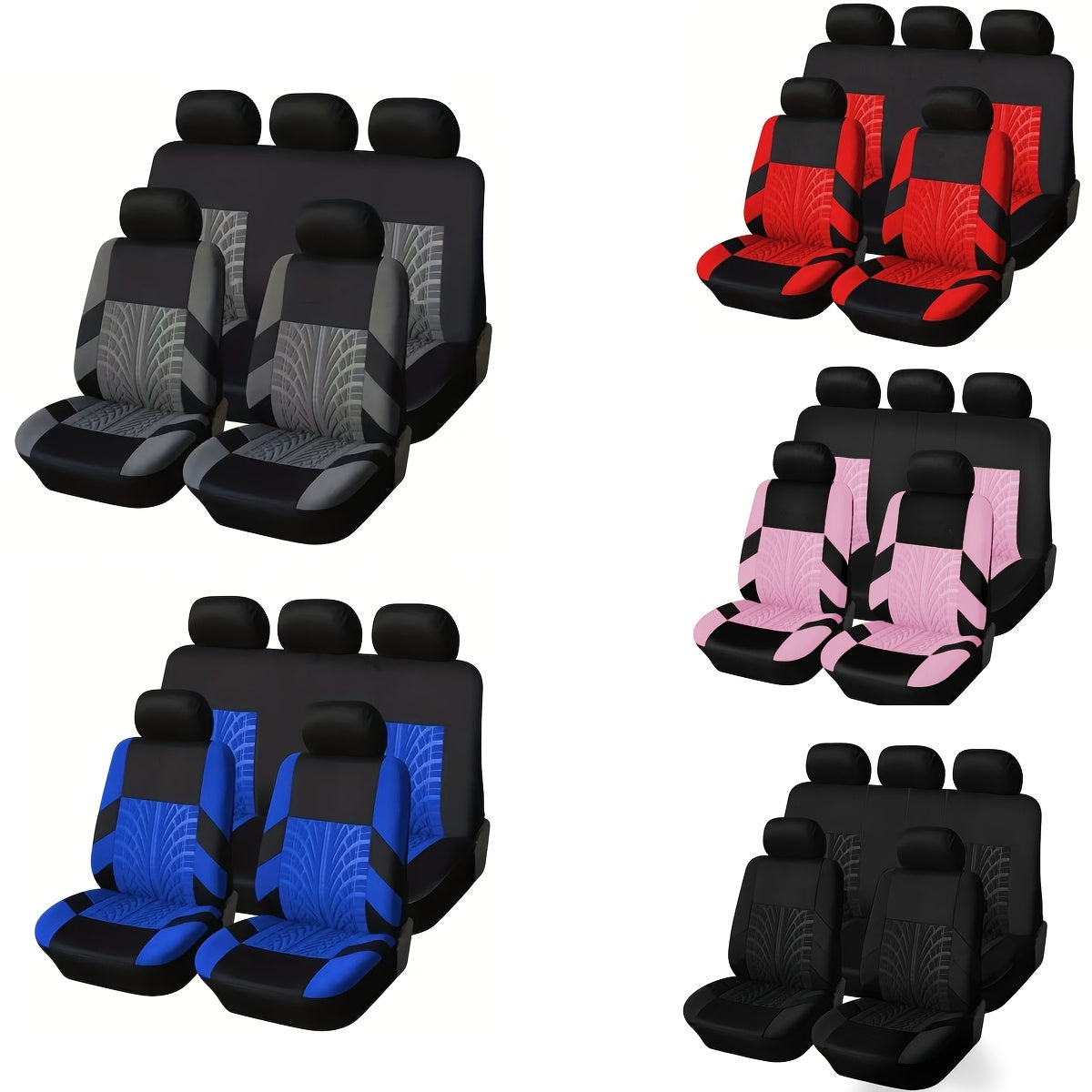 Tire-Track Car Seat Covers for Five Seats, Full-Enclosure Breathable Fabric Style with Two Front and Three Rear Seat Coverage in Multiple Color Options