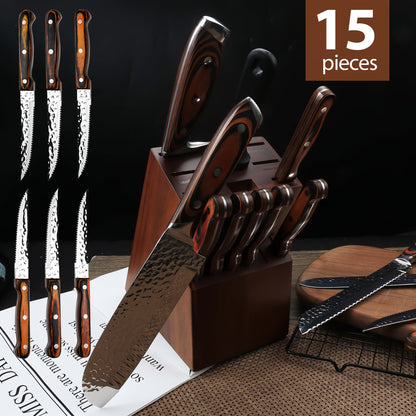 Hammered Kitchen Knife Set in Stainless Steel with Listed Wooden Handles, Storage Block and Sharpener for Home Cooking, 15-PCS or 20-PCS-Black Options