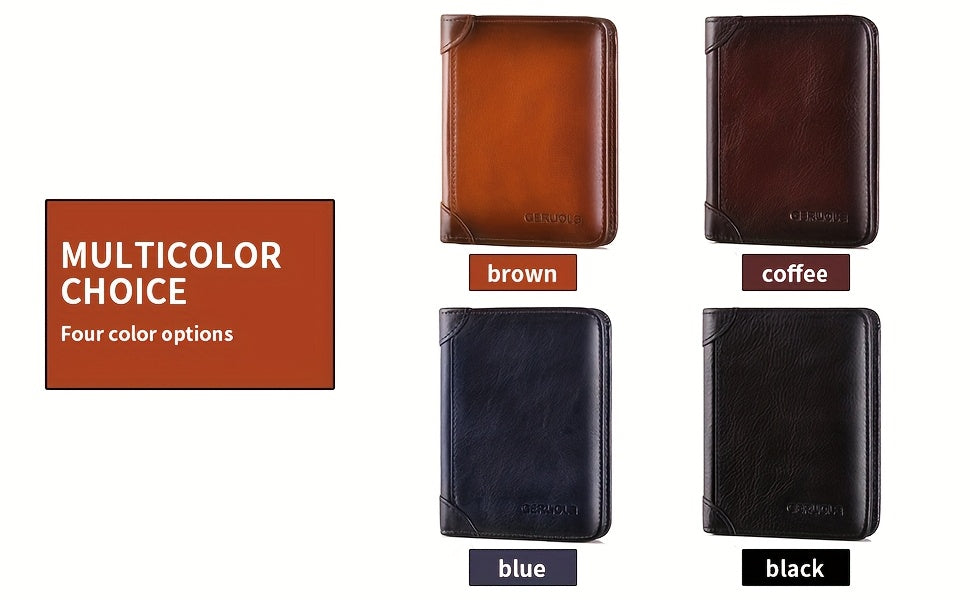 RFID Blocking Leather Wallet for Men with Listed Two ID Windows and Vintage Short Design, Yellow Brown, Grey Blue and Black Bifold Style Options