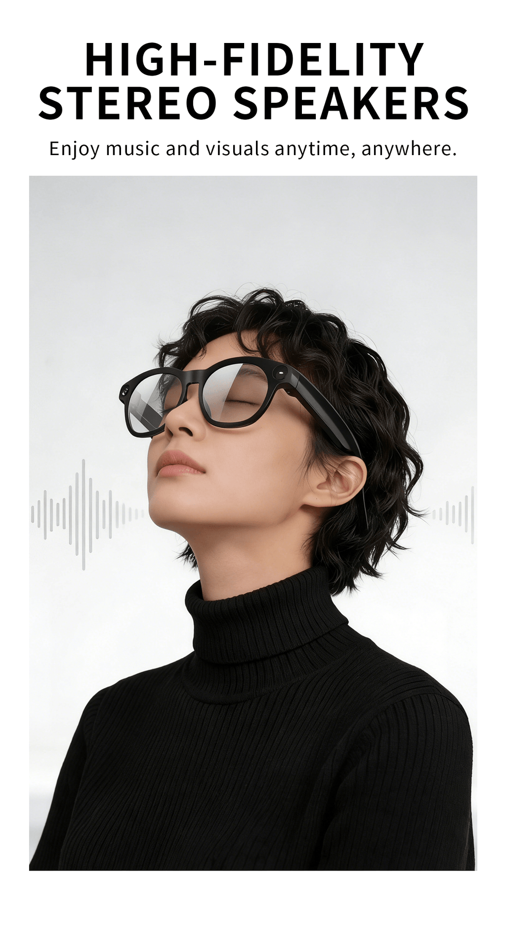 8MP-Labeled AI Camera Smart Glasses in Black with Video and Audio Recording, Bluetooth Calls and Music, Touch Controls and Listed Translation Features