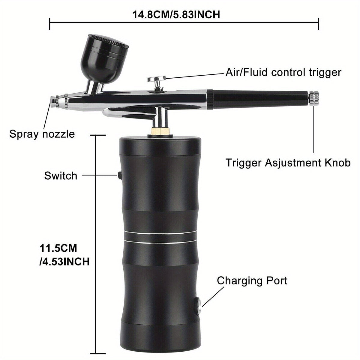 Portable Airbrush Kit with Mini Compressor, Black Aluminum Alloy Air Brush with Nozzle and Cleaning Brush Set for Art, Models and Nail Designs