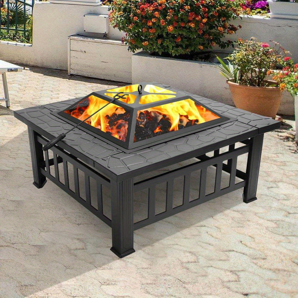 Outdoor Fire Pit in Black Metal with Mesh Screen Lid and Ash Fork, Listed 32-Inch Size for Garden Gathering Areas and Backyard Entertaining
