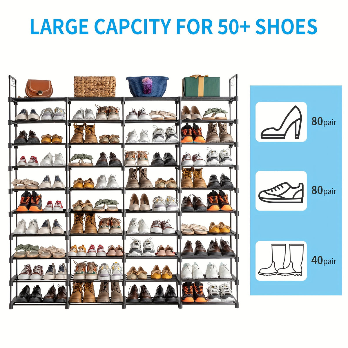 Modular Shoe Rack Organizer with Listed Metal Tubes and Tool-Free Assembly, Nine or Ten Shelf Configuration Labels for Entryway, Closet and Dorm Footwear Storage