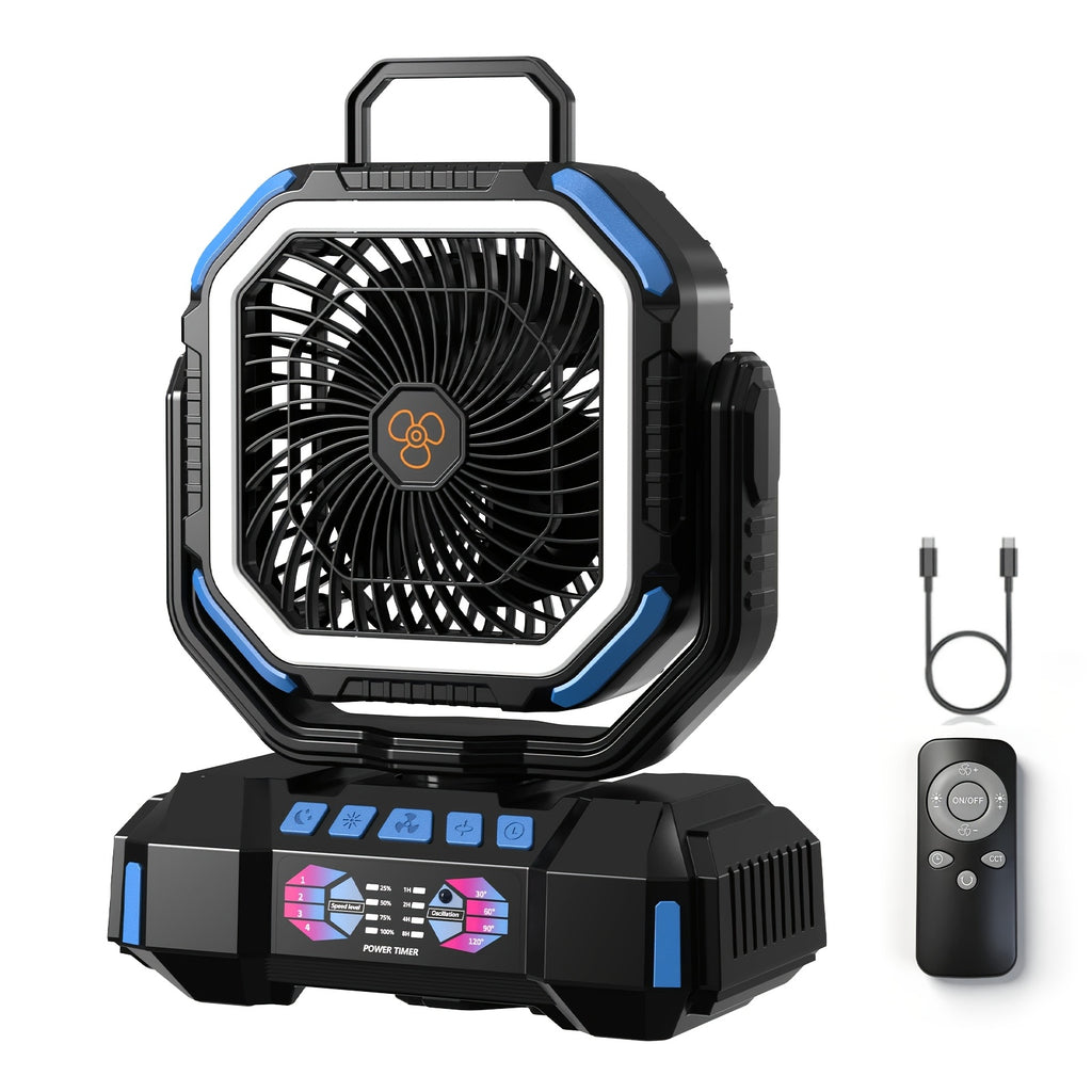 F6 Camping Fan with Four Speeds, Five-Level LED Light, Timer and Power Bank Function, Listed 40000mAh Model in Blue, Green or Orange for Tent and Home Use