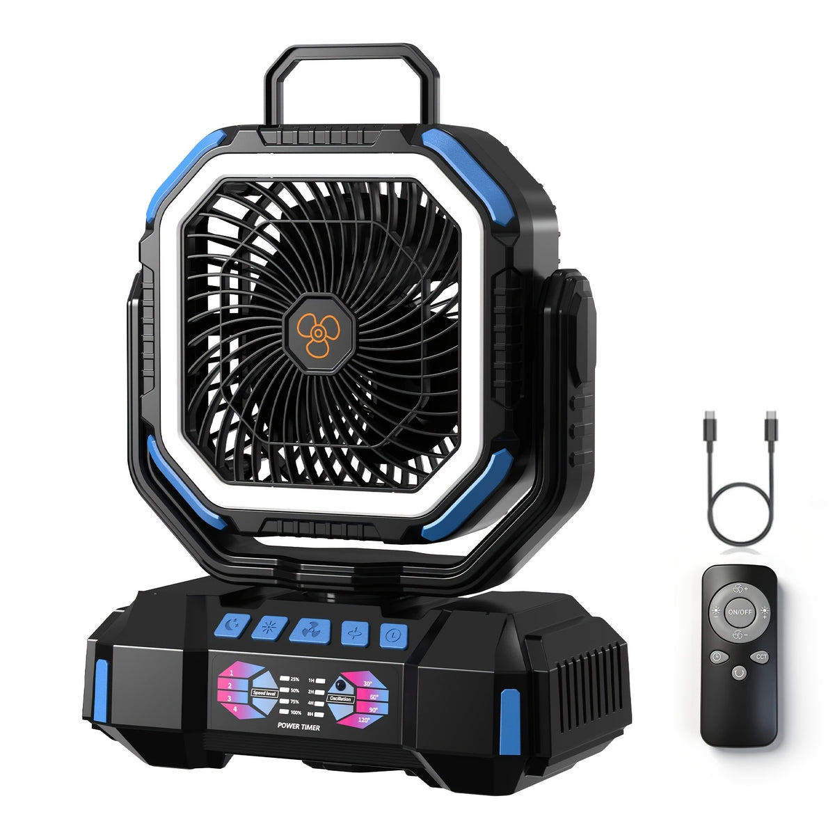 F6 Camping Fan with Four Speeds, Five-Level LED Light, Timer and Power Bank Function, Listed 40000mAh Model in Blue, Green or Orange for Tent and Home Use
