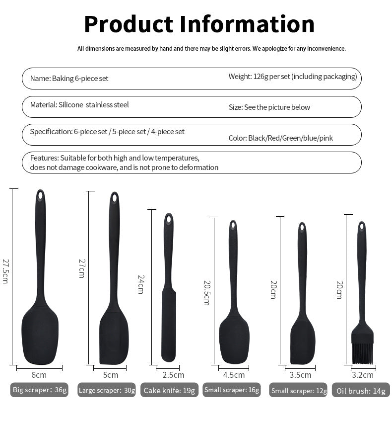 Silicone Baking Utensil Set, Six-Piece Kitchen Tool Selection with Scraper, Spatula and Oil Brush References in Red, Green, Black, Pink or Blue for Cake Preparation