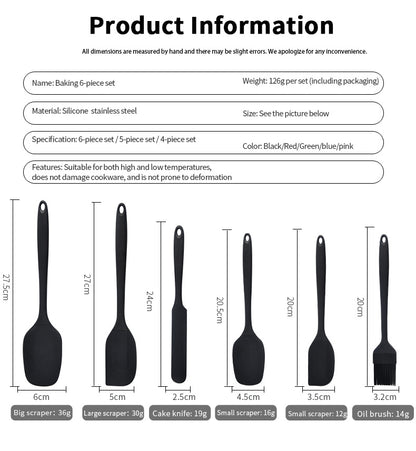 Silicone Baking Utensil Set, Six-Piece Kitchen Tool Selection with Scraper, Spatula and Oil Brush References in Red, Green, Black, Pink or Blue for Cake Preparation