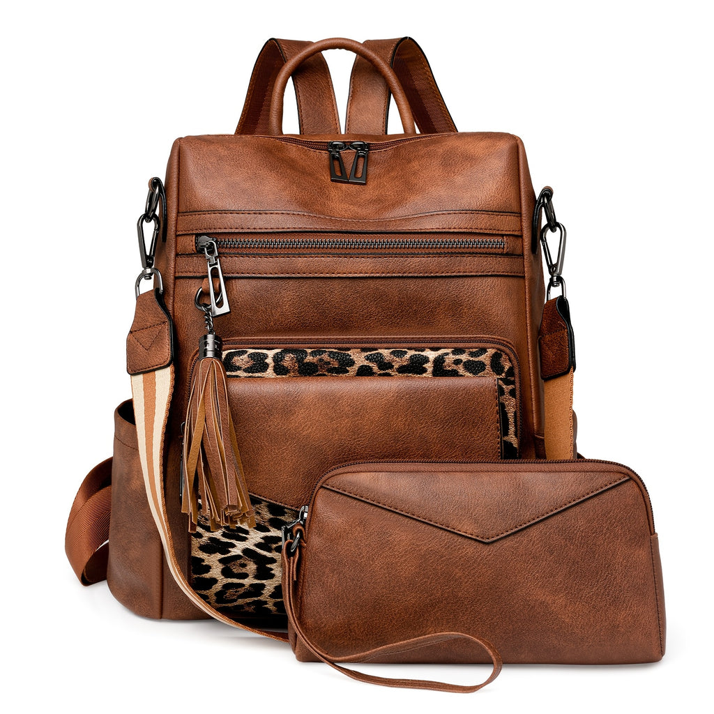 Tassel Backpack Purse for Women, Fashion Shoulder and Travel Bag with Five Listed Style Options Including Two-Tone Colors and Brown Leopard Print