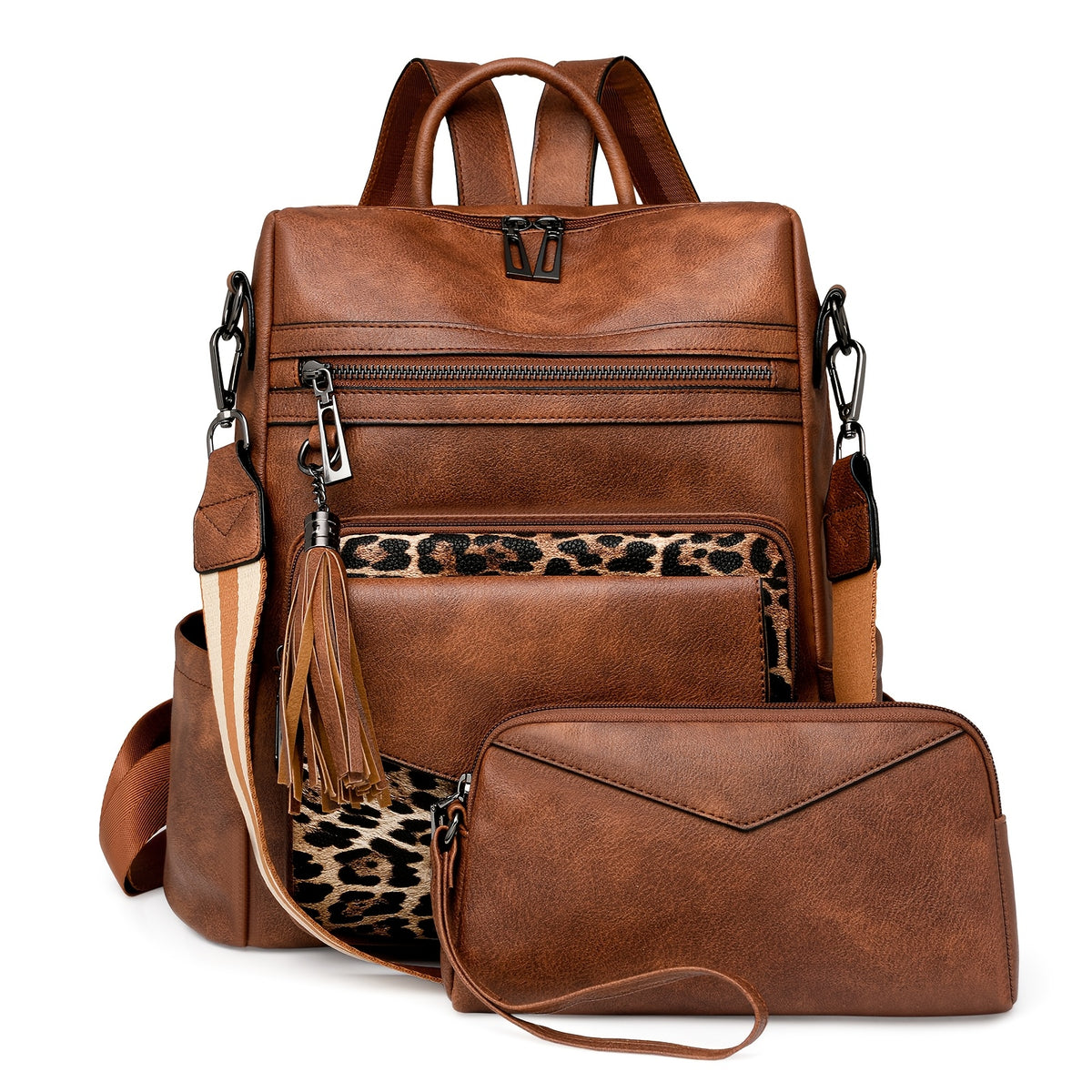 Tassel Backpack Purse for Women, Fashion Shoulder and Travel Bag with Five Listed Style Options Including Two-Tone Colors and Brown Leopard Print