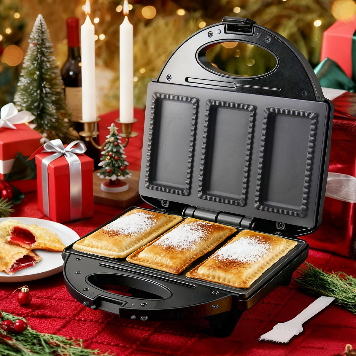 Electric Pocket Pie Maker with Listed Crust Cutter and Dual Nonstick Cooking Plates, Graphite Pie Press for Homemade Snack and Dessert Preparation