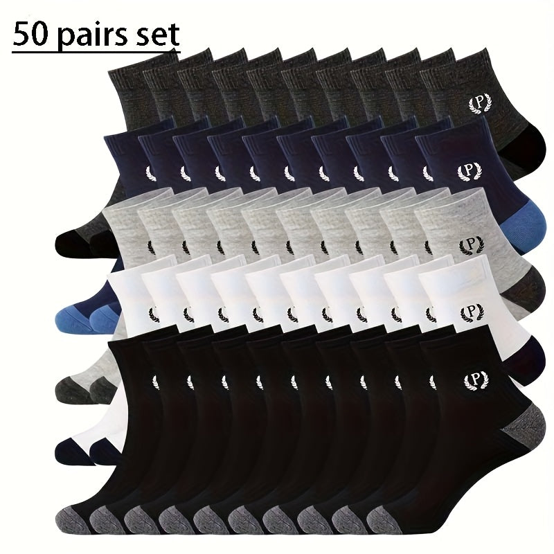 Men's Mid-Calf Athletic Socks 50-Pair Mixed Color Pack with Elastic Ribbed Cuffs and Breathable Sweat-Absorbent Design for Sports and Casual Wear