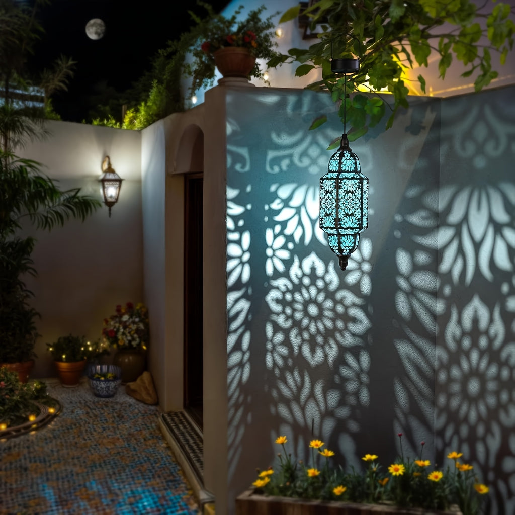 Hexagonal Solar Hanging Lantern, Moroccan-Inspired Hollow Iron Garden Light with Floral Pattern Projections and Automatic Night Lighting for Patio and Porch Decor