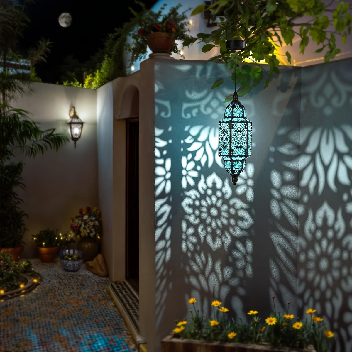 Hexagonal Solar Hanging Lantern, Moroccan-Inspired Hollow Iron Garden Light with Floral Pattern Projections and Automatic Night Lighting for Patio and Porch Decor