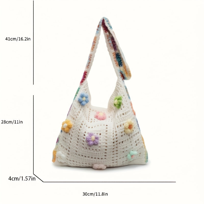 Boho Messenger Bag for Women with Hollow Flower Details and Contrast Fabric, Vintage-Inspired Casual Purse with Button Accents, No Closure and Seven Option Labels
