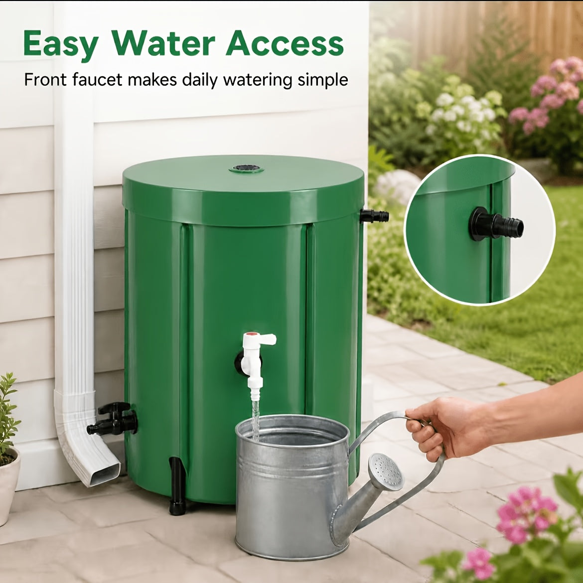 Rain Barrel Water Collection Tank with Multiple Listed Capacities, Plastic Garden Water Storage Container in Black or Green for Backyard Watering and Lawn Care
