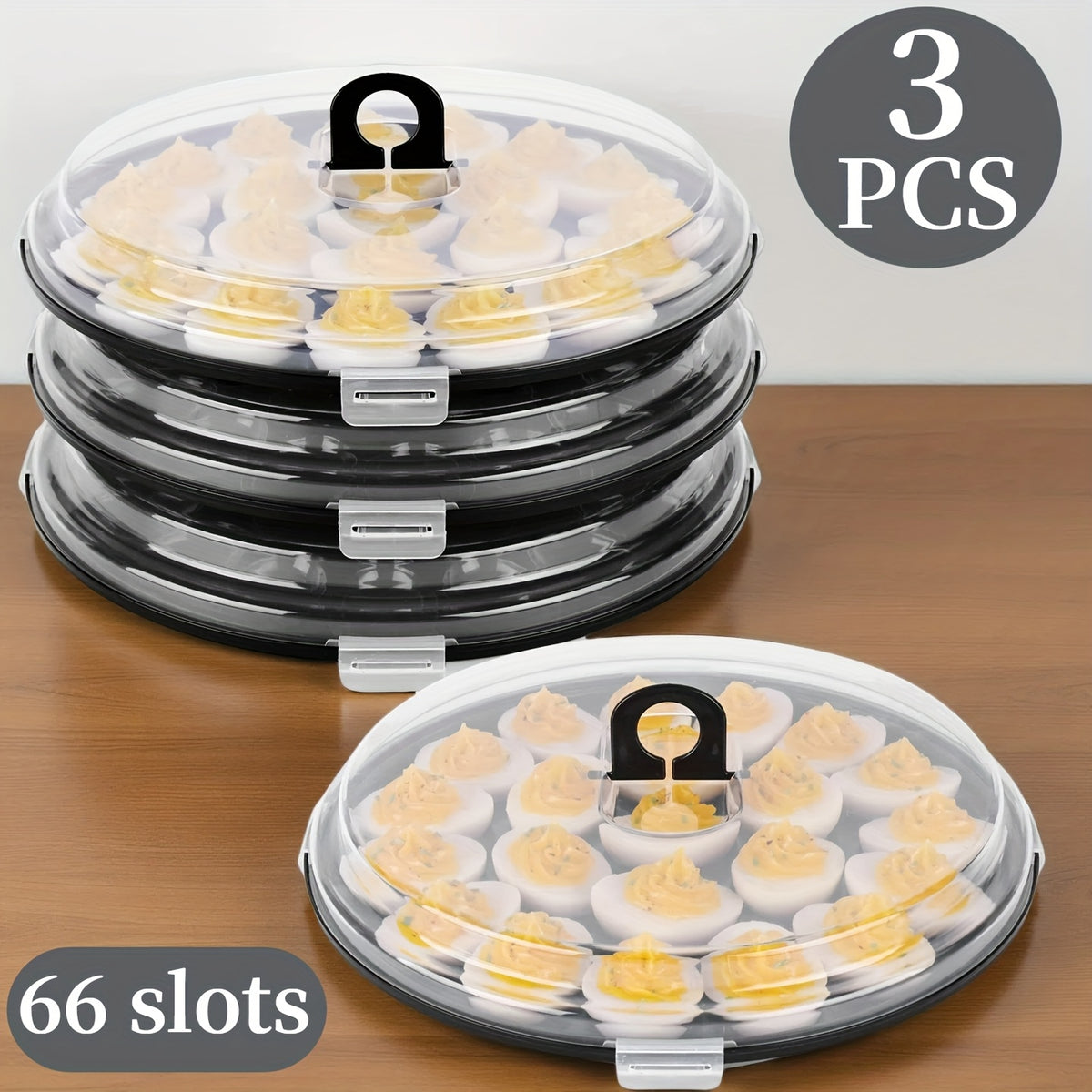 Deviled Egg Carriers with Lids and Folding Handles, Three 11.8-Inch Round Stackable PP Trays with 22 Slots Each for Party Prep, Serving and Upright Transport