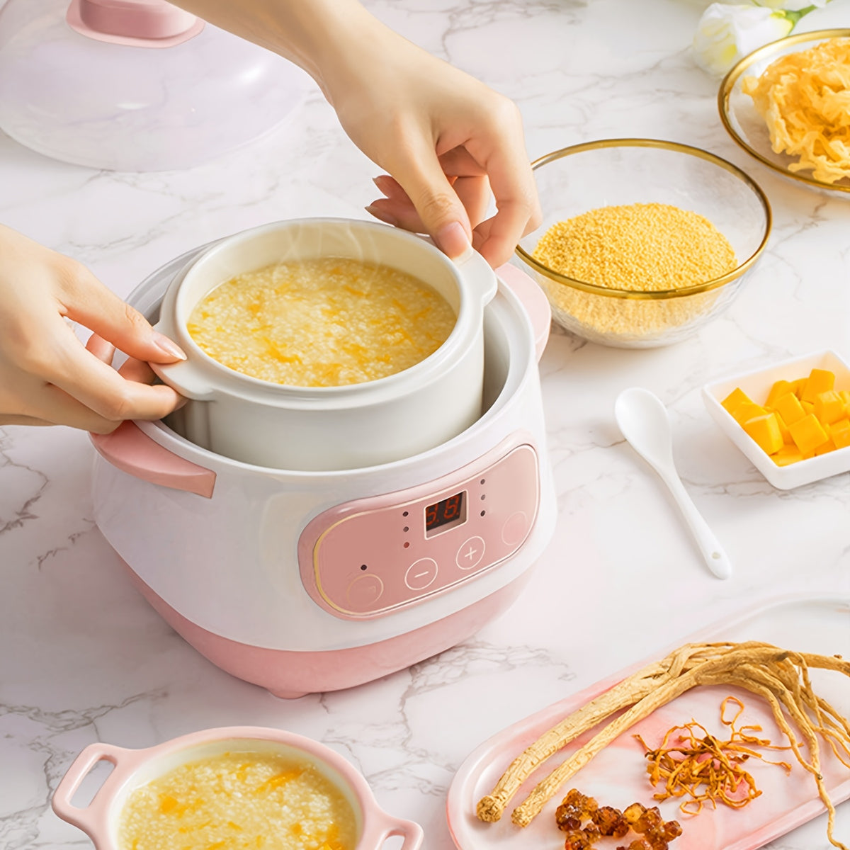 Ceramic Inner Pot Electric Stew Cooker, 1L Compact 200W Appliance with ABS Plastic Housing and Listed 24-Hour Reservation for Porridge, Rice and Soup