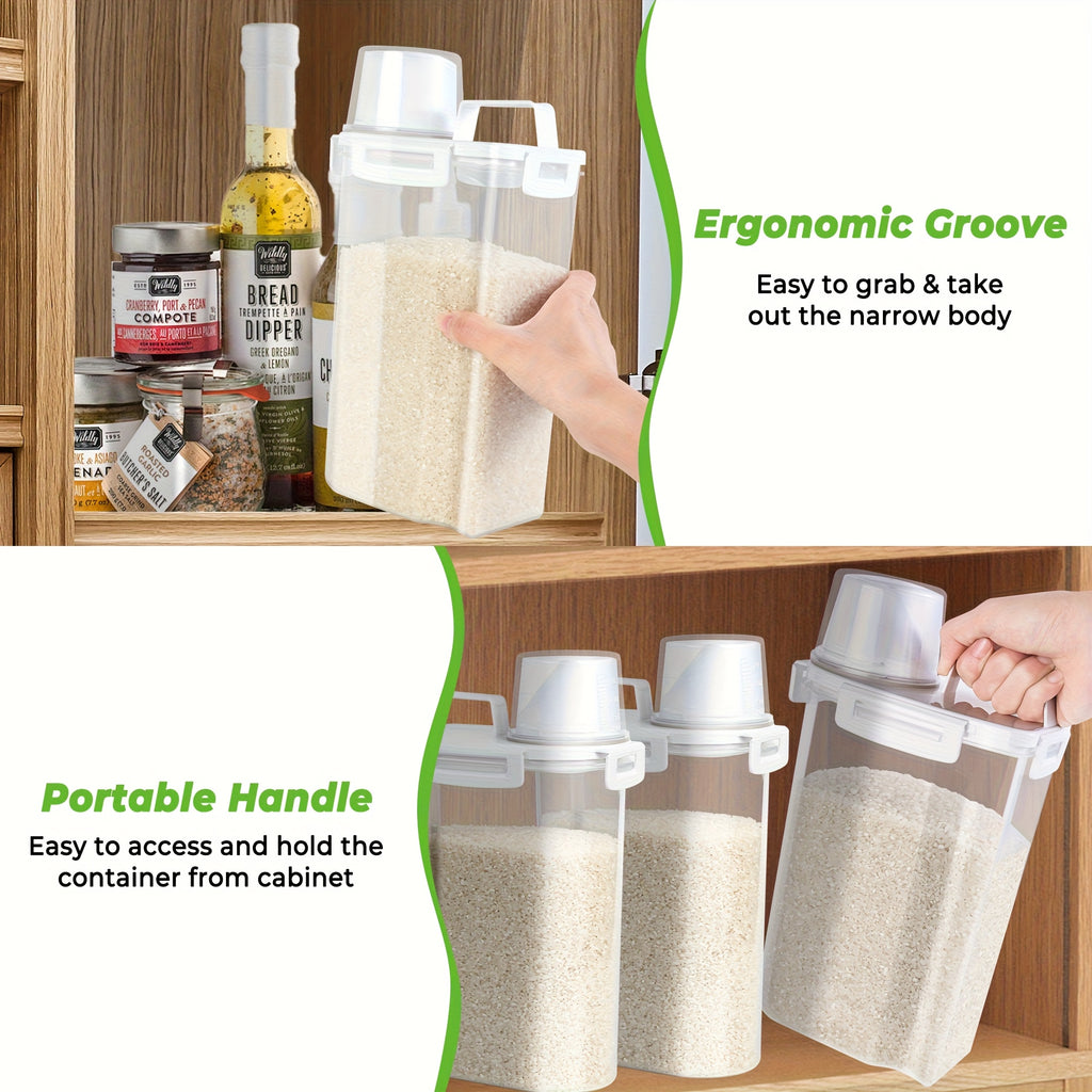 Square Pantry Storage Containers with Clip-On Closures, Listed Four-Piece Plastic Set and 3L/102oz Capacity Wording for Rice, Grain and Nut Organization