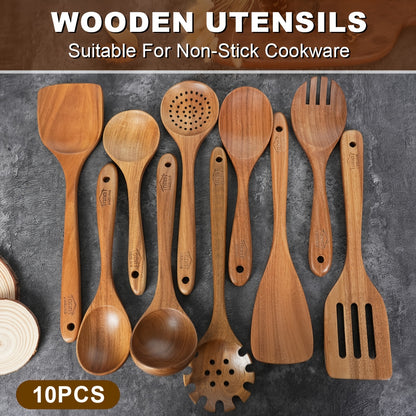 Wooden Cooking Utensils Set, 10-Piece Teak Kitchen Spoon and Spatula Tool Options for Everyday Stirring, Mixing and Meal Preparation in Home Kitchens