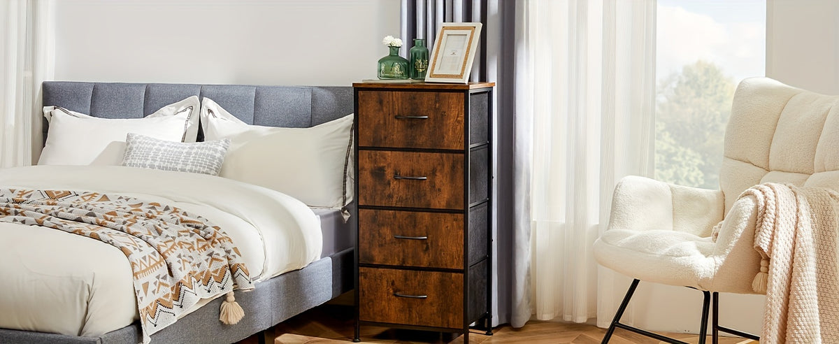 Narrow Fabric Storage Tower with Wooden Top, Two-Drawer Styles and Four-Drawer White Option for Bedroom, Closet, Laundry Room and Entryway Organization