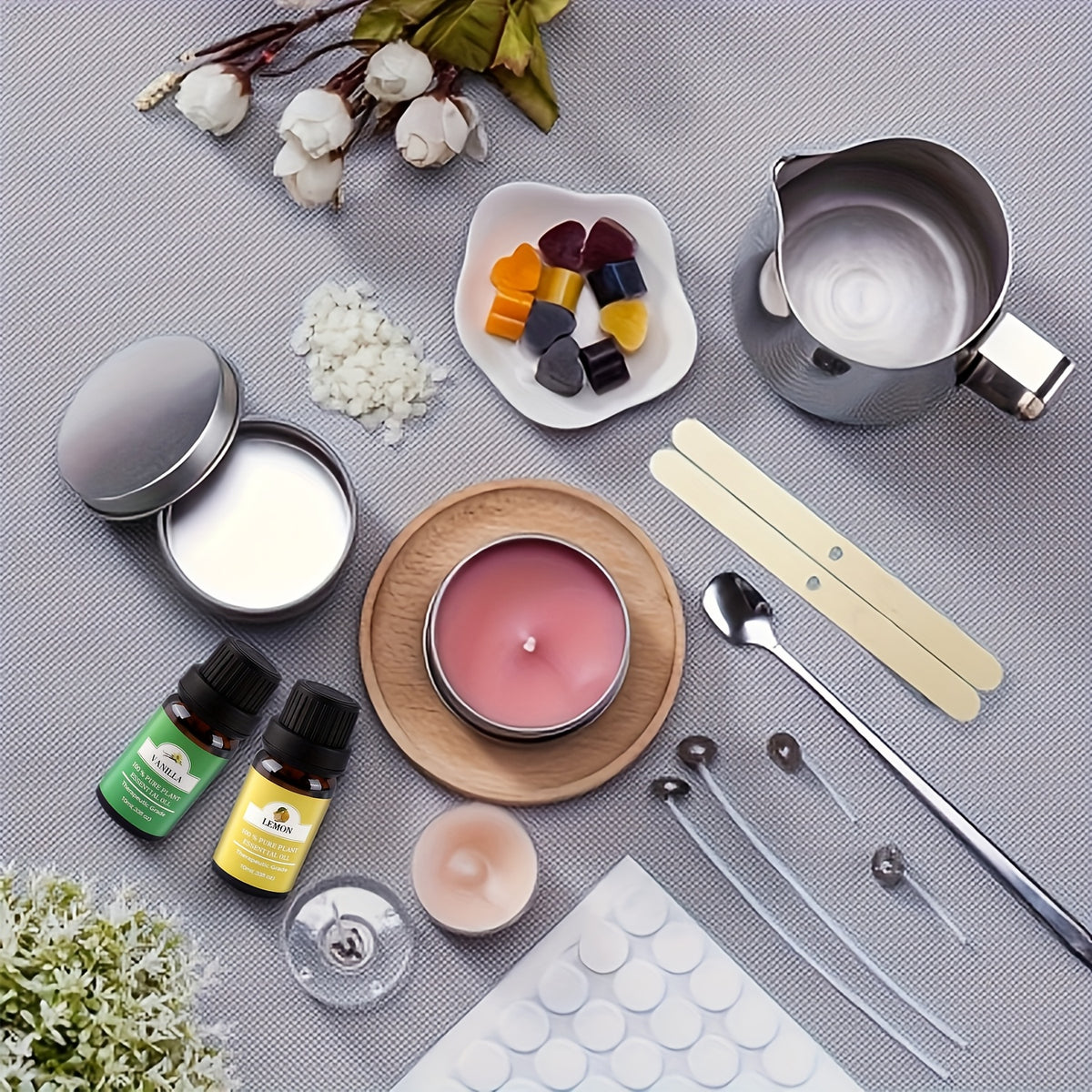 Candle Making Starter Kit with Listed Soy Wax, Essential Oil, Colored Wax Block, Pouring Cup, Spoon, Storage Jar and Wick for Adult Beginner DIY Candle Projects