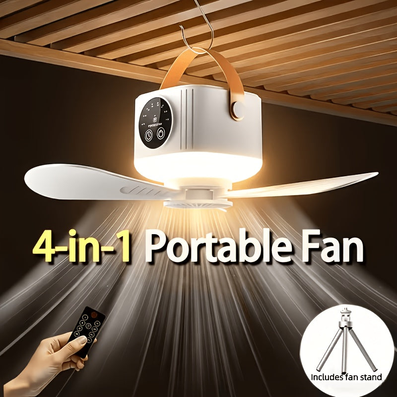 Tripod Camping Fan in White with USB Power, Adjustable Airflow and Light Brightness, Removable Blades and Portable Design for Tents, Bedrooms and Dorms