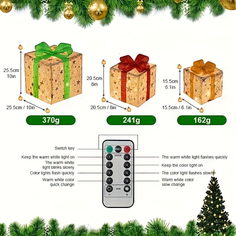 Christmas Gift Box Lights, 3-Pack 75-LED Warm Holiday Decoration with Remote Control, Timer and 8 Lighting Modes for Indoor and Outdoor Displays