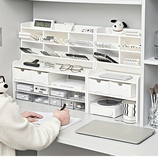 PVC Desktop Storage Organizer with Drawer and Angled Pen Holder References, Large 19.69-Inch or Small 11.81-Inch Model Labels for Office and Dorm Desks