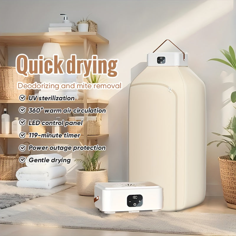 600W Portable Clothes Dryer with Two Warm-Air Modes and 1H, 2H or 8H Timer, Compact 110V Laundry Dryer with Beige1, Beige2 and UV Deluxe Model Options