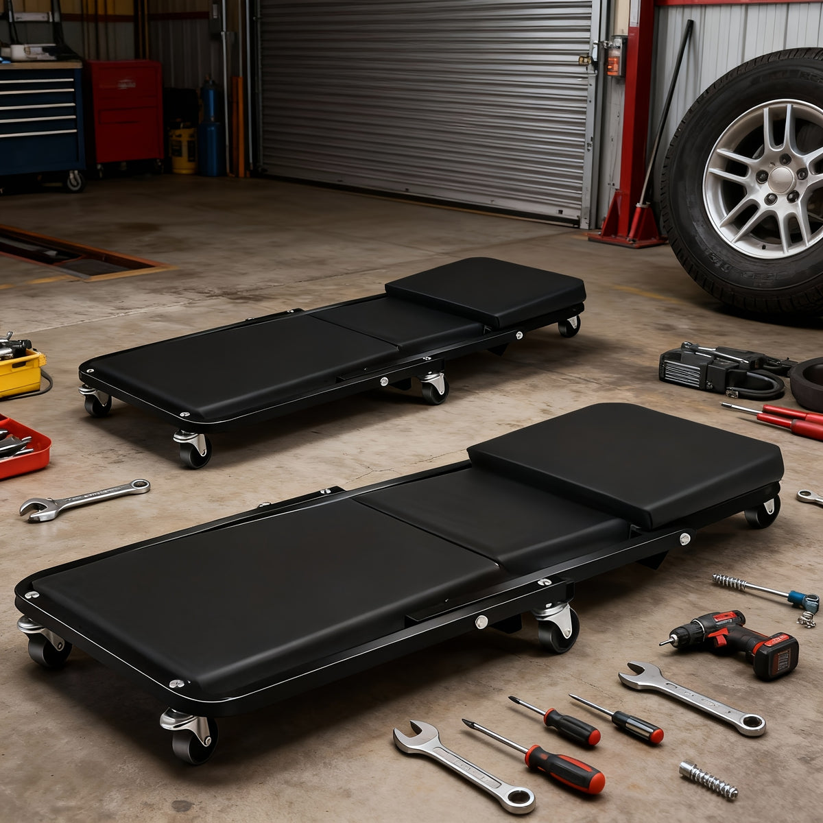 Wheeled Mechanic Creeper and Sliding Stool Options in Red or Grey, Foldable 3-in-1 Crawler or Non-Foldable Model for Garage Work Planning