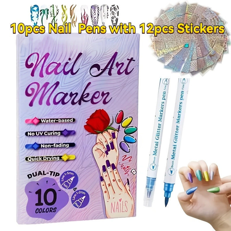 Metallic Nail Art Pens with Double-Ended Acrylic Paint Marker Design, 10-Color Quick-Drying Selection for Decorative Dots, Lines and DIY Home or Salon Manicures