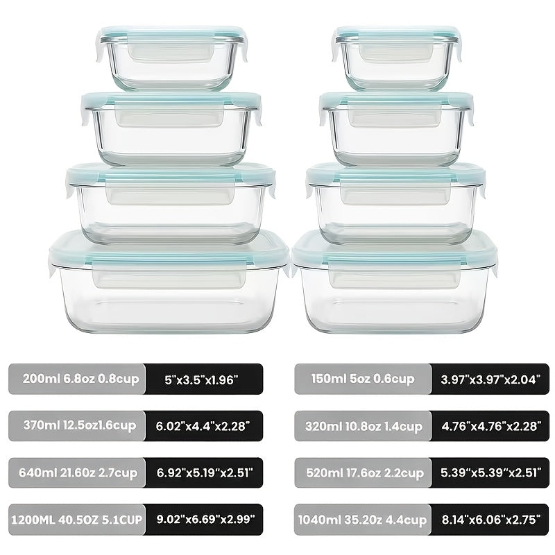 Glass Food Storage Containers for Bento Lunch Portions and Everyday Meal Prep, Listed Eight-Piece Kitchen Organization Set in Pink, Gray, Blue or Green