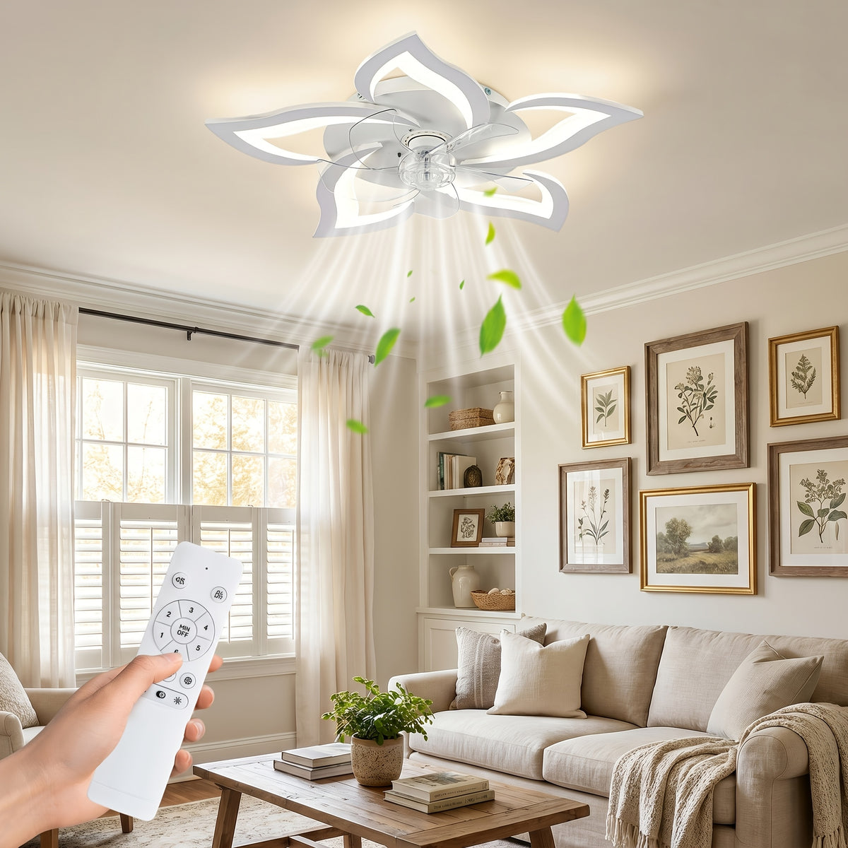 Petal Shape Ceiling Fan with LED Light and Remote, Listed 30-Inch Low-Profile Flush Mount, Six Speeds and Three Light Colors, Black Round or Pointed Leaf Options