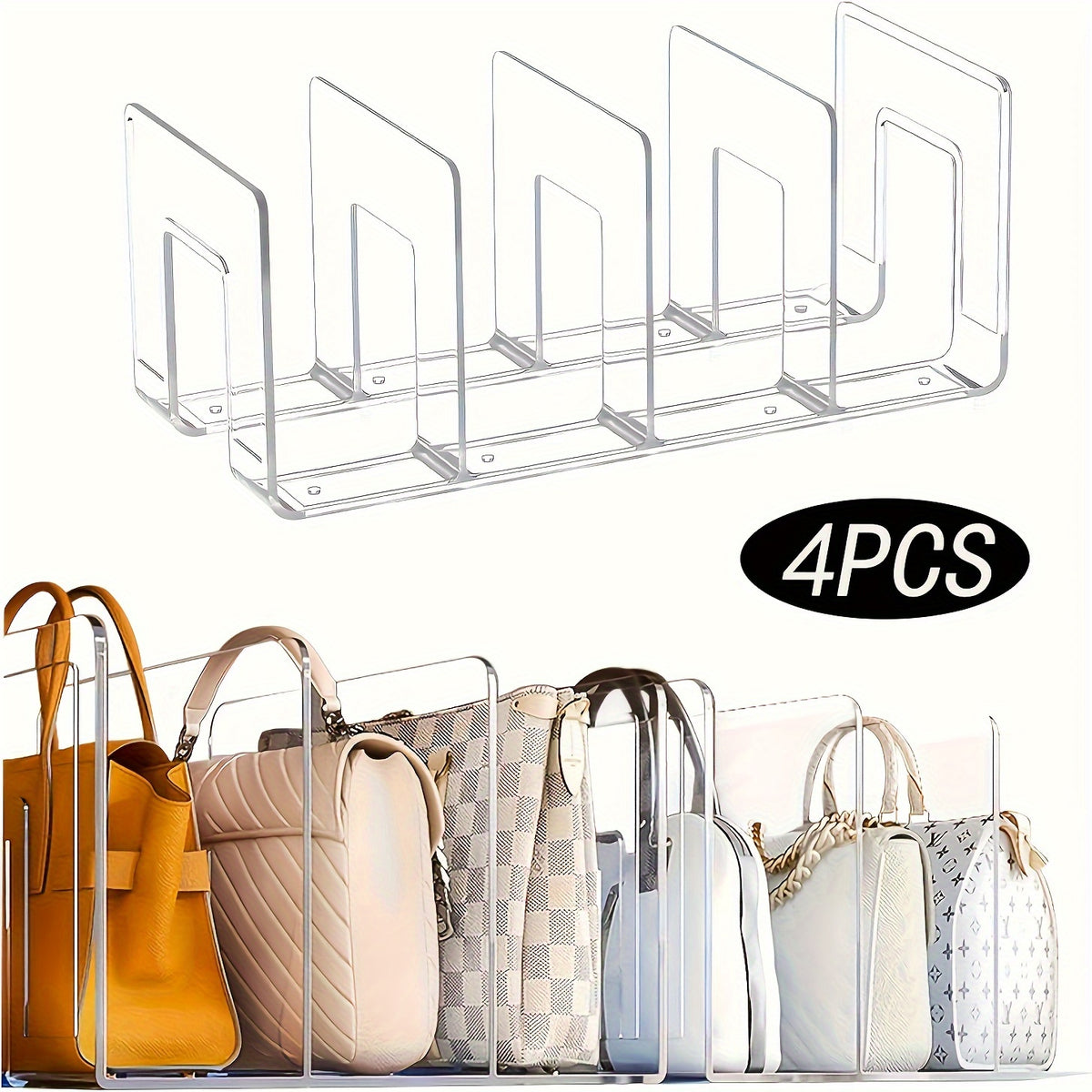 Acrylic Handbag Organizer with Four Listed Sections, Clear Desktop Purse Storage Rack for Compatible Bags, Books and Small Accessories with 4pcs Option