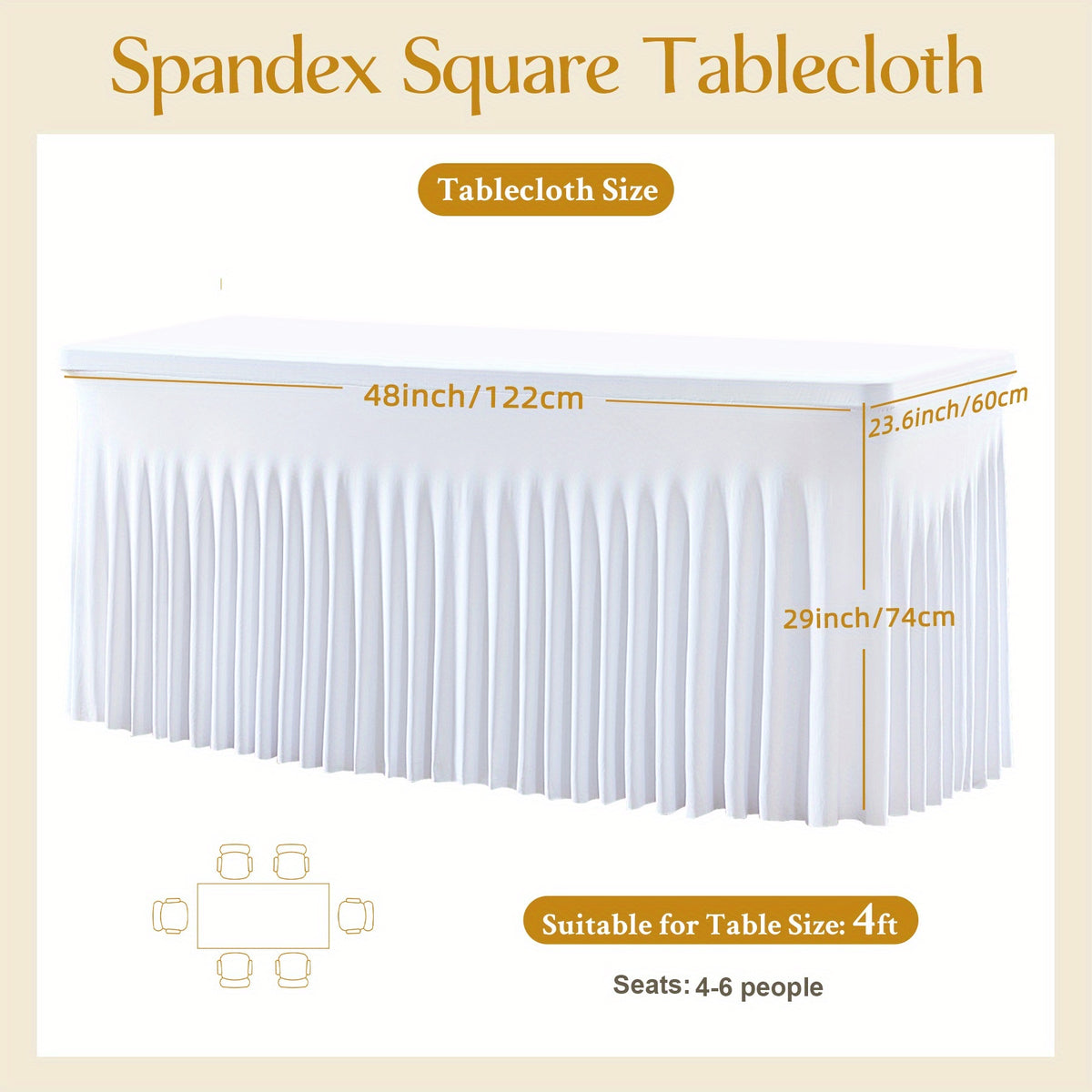 Ruffled Tablecloth for 4-Foot Rectangular Tables, One-Piece Polyester Spandex Table Cover with Integrated Skirt for Wedding Buffets, Dessert Displays and Parties