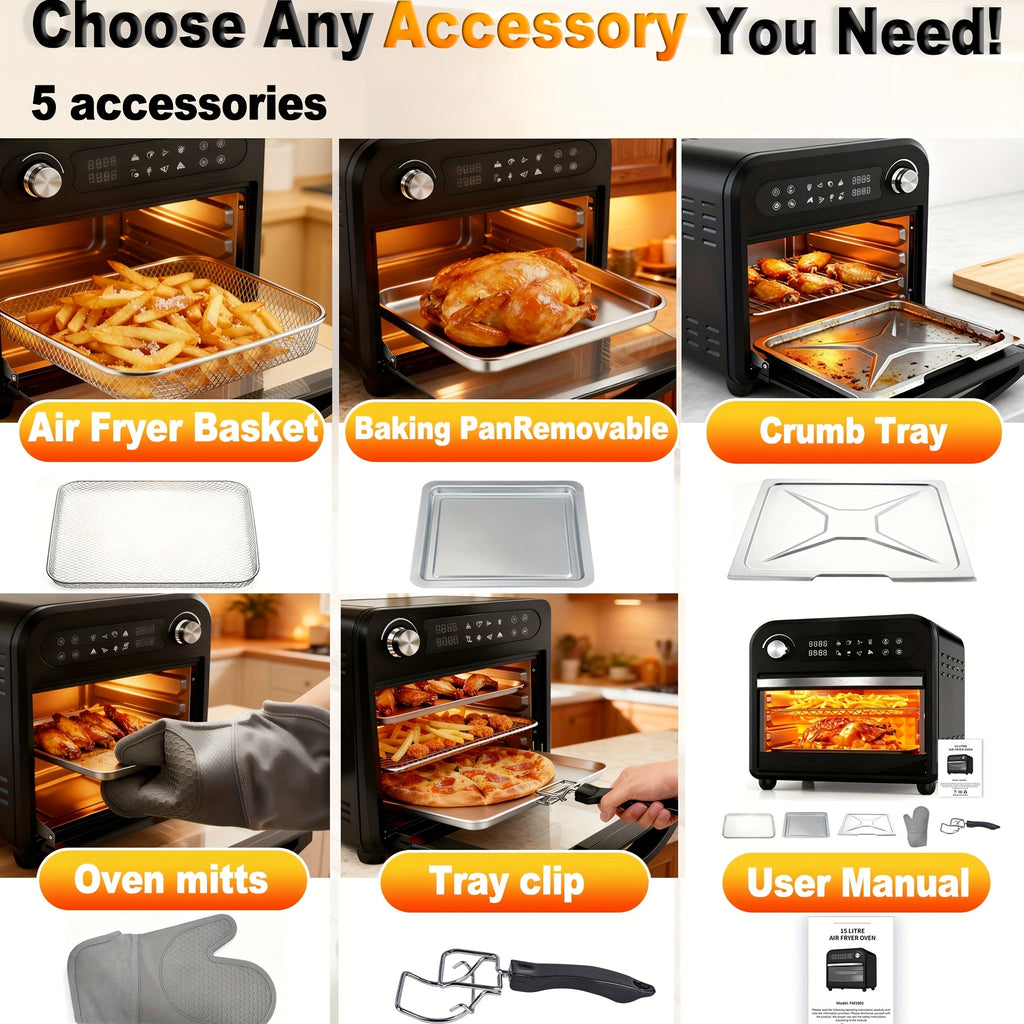 Air Fryer Toaster Oven Combo, Extra Large Capacity Convection Oven with 360° Hot Air Circulation, LED Digital Display and Precise Temperature Control, Stainless Steel, 16QT