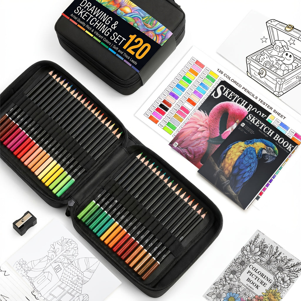 Portable Drawing and Sketching Art Kit, 120-Piece Set with Listed Colored Pencils, Sketchbook, Coloring Book, Sheets and Sharpener for Adult Beginner Creativity