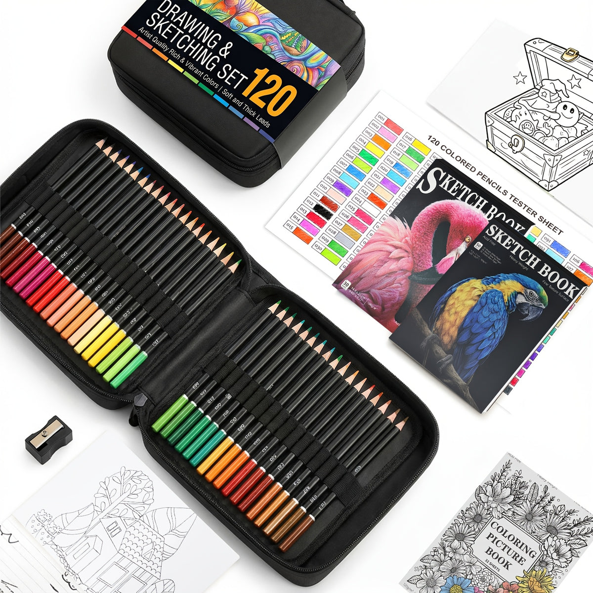 Portable Drawing and Sketching Art Kit, 120-Piece Set with Listed Colored Pencils, Sketchbook, Coloring Book, Sheets and Sharpener for Adult Beginner Creativity