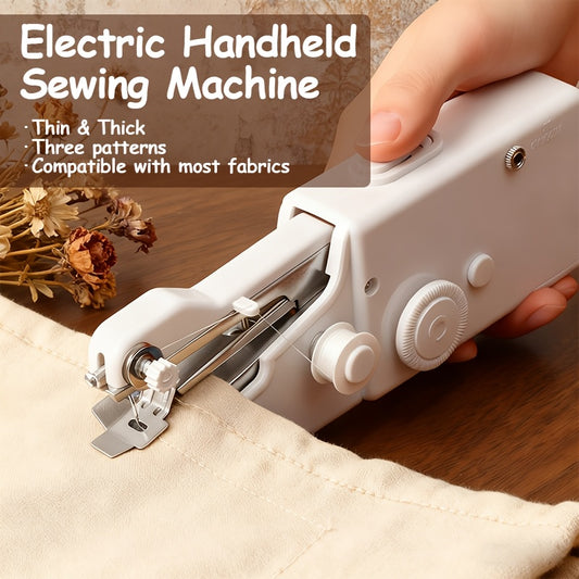 Handheld Sewing Machine Kit in Black or White, Battery-Powered Portable Fabric Tool with Needle, Threader, Spool Pin, Fabric Sample and Two Bobbins for Sewing Tasks