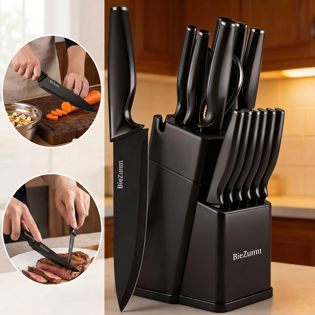 BieZumn Kitchen Knife Set with Black 3-Piece or 14-Piece Options for Everyday Home Cooking, Fruit Preparation and Meal Prep, Multi-Purpose Kitchen Cutlery Selection